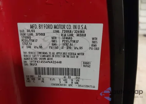 2004 Ford F-150 Fx4/Lariat/Xl/Xlt z USA, uszkodzony, nr VIN 1FTPX14554NA23448